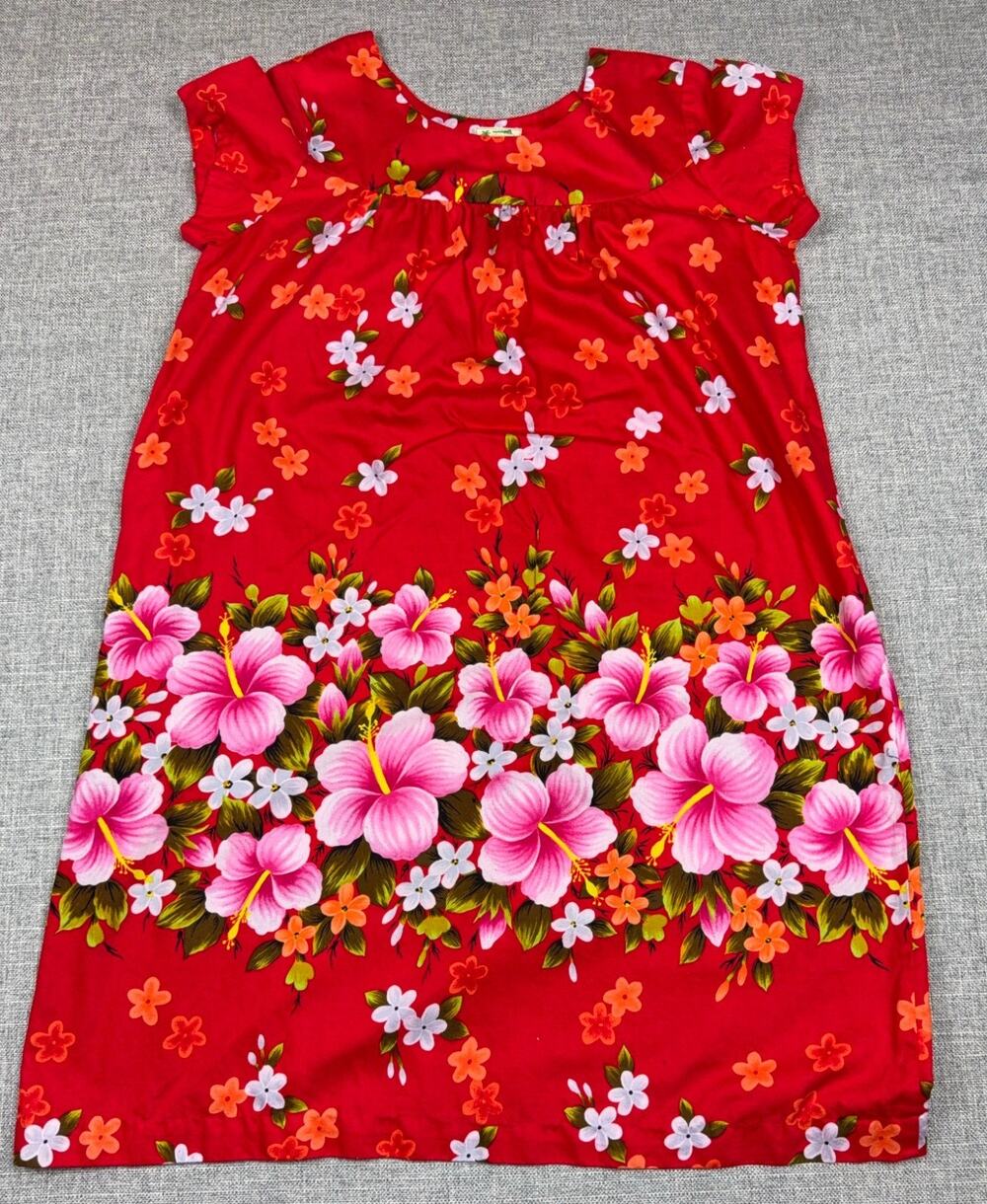 Vintage Ui-Maikai Red Hibiscus Hawaiian Muumuu Dress L/XL